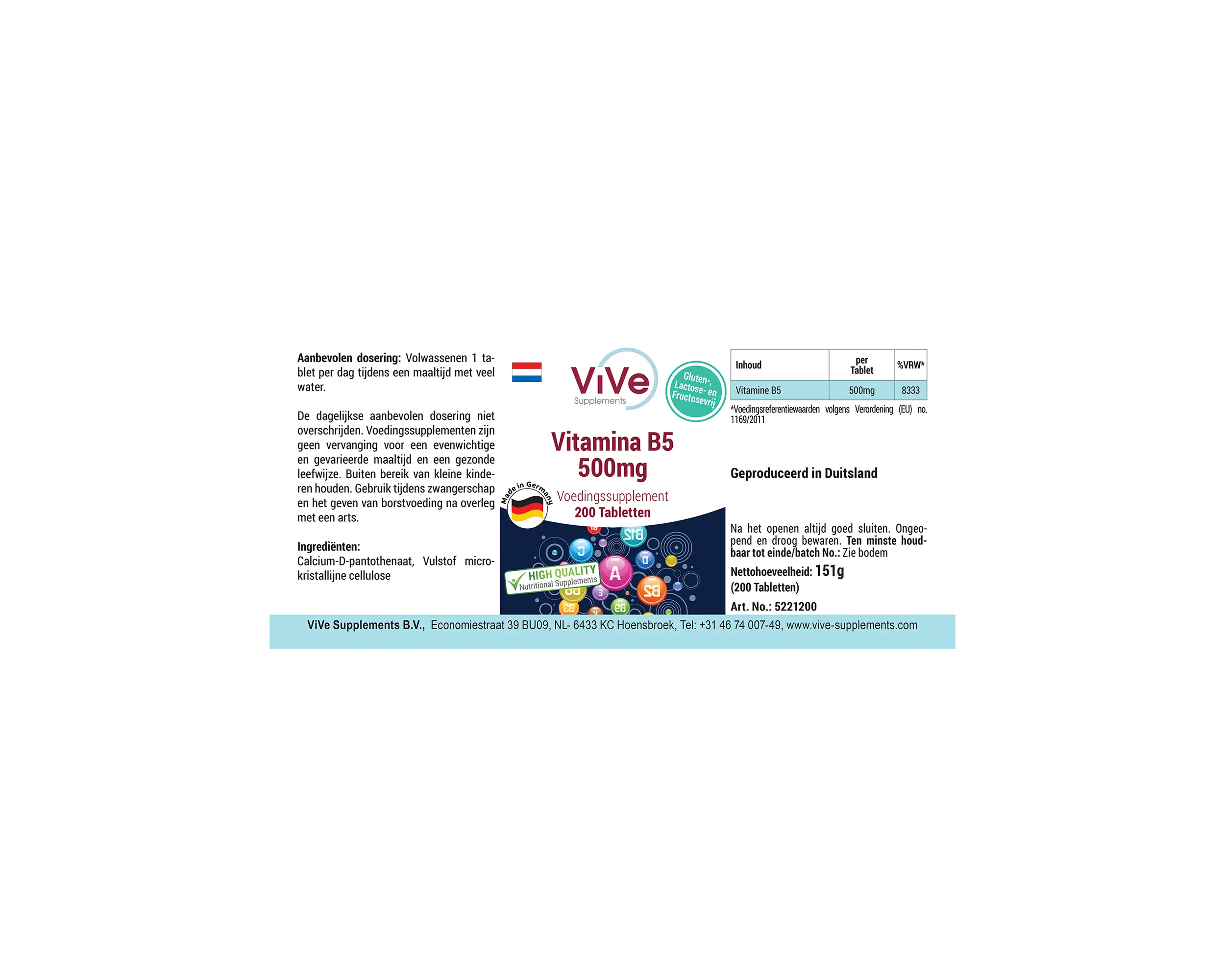 Vitamin B5 500mg - 200 Tabletten | Vive Supplements