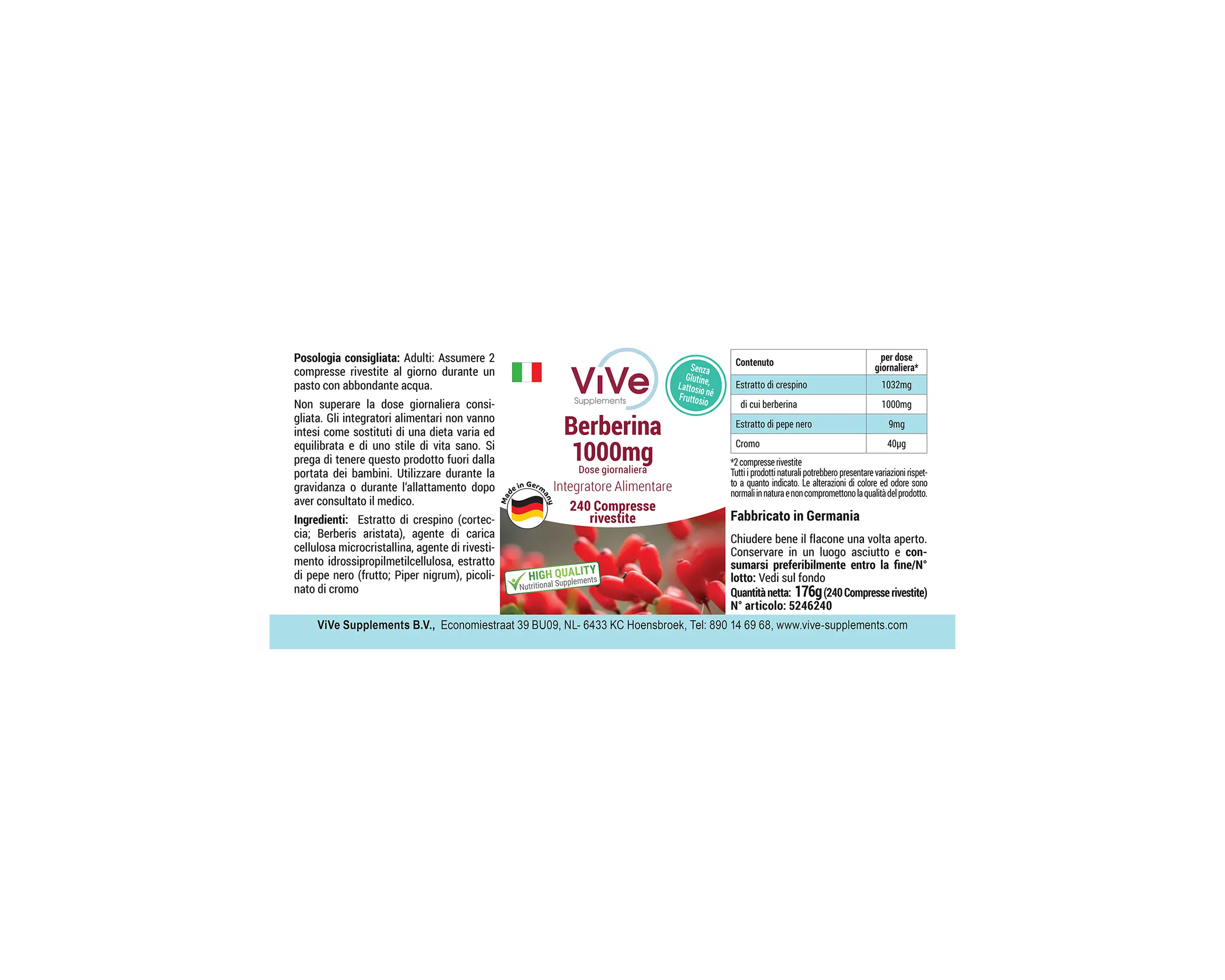 Berberin 1000mg - 240 Filmtabletten | Vive Supplements