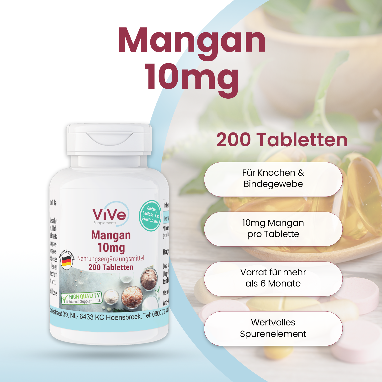 Manganèse 10mg - 200 comprimés | Vive Supplements