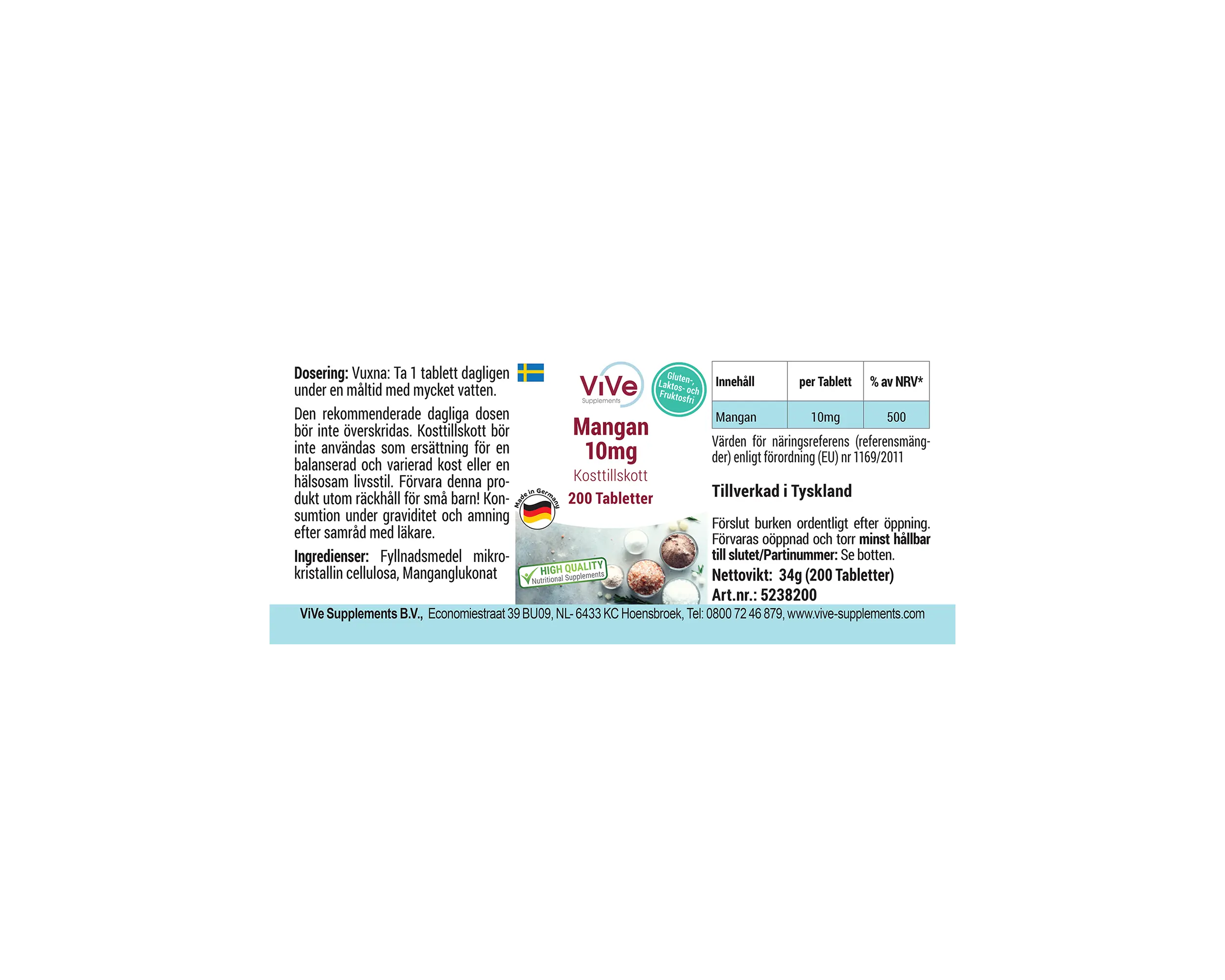 Mangan 10mg - 200 Tabletten | Vive Supplements