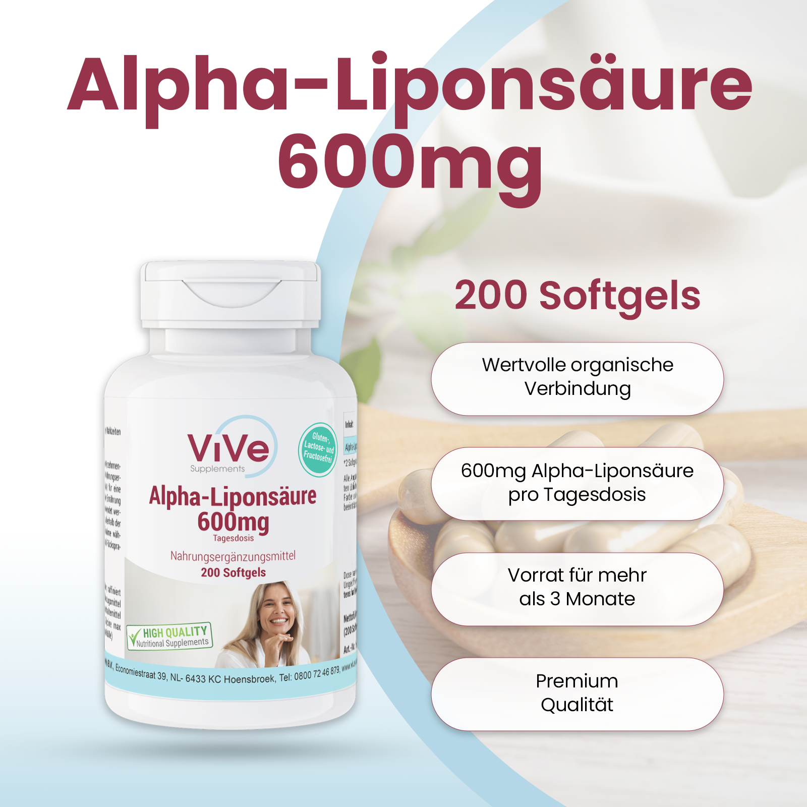 Acide alpha-lipoïque 600mg - 200 capsules molles | Vive Supplements