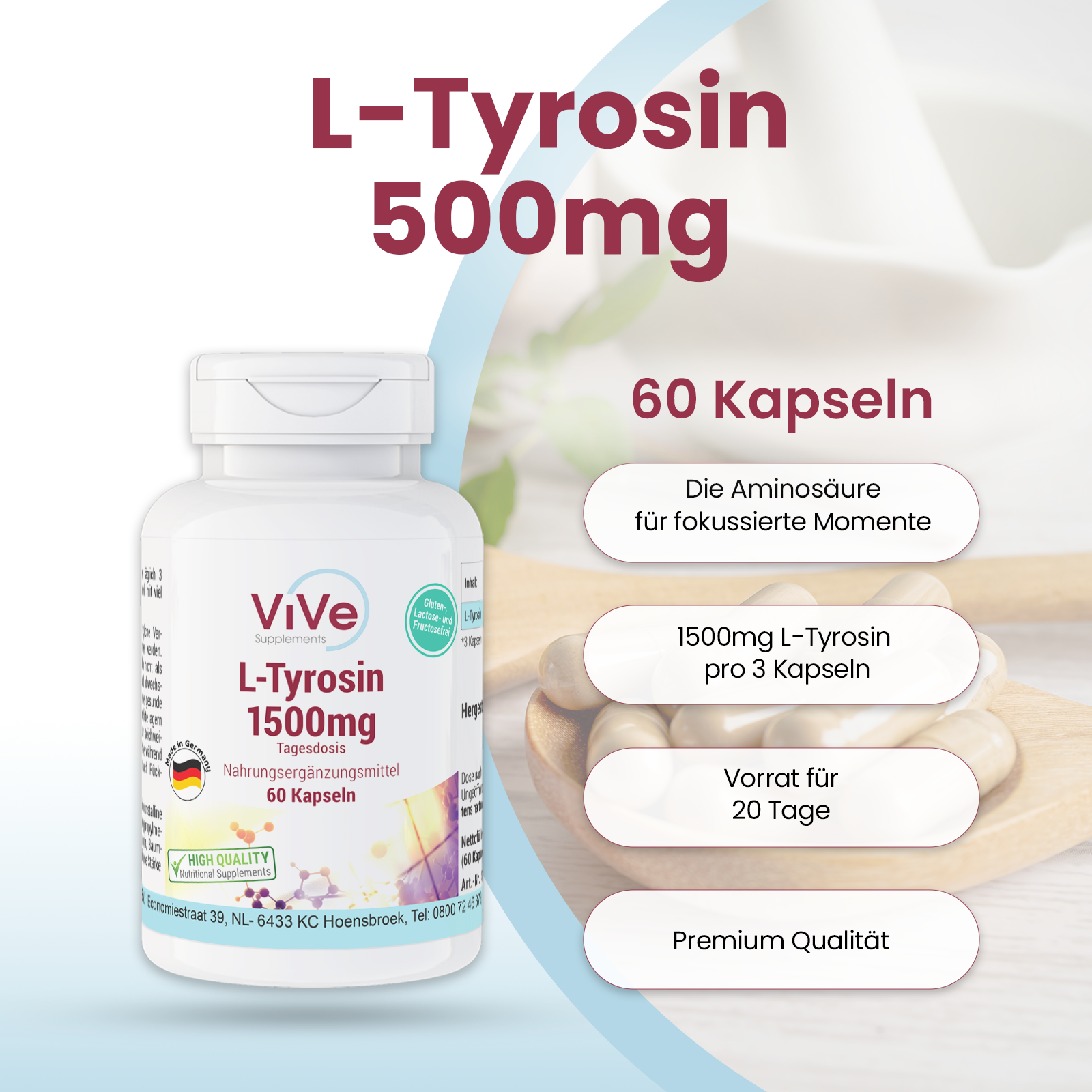 L-Tyrosin 1500mg - 60 Kapseln | Vive Supplements