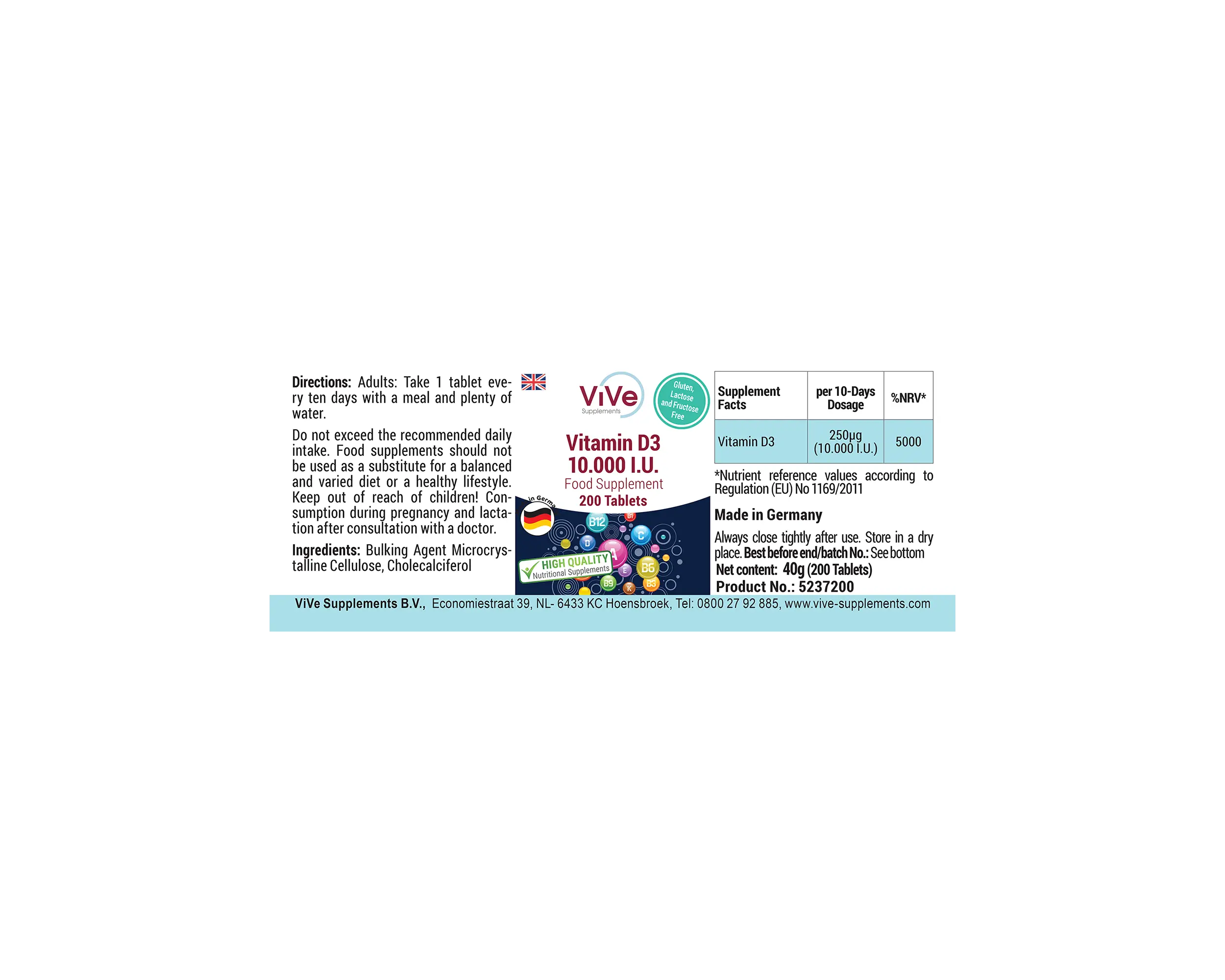 Vitamin D3 10.000 I.E. - 200 Tabletten | Vive Supplements