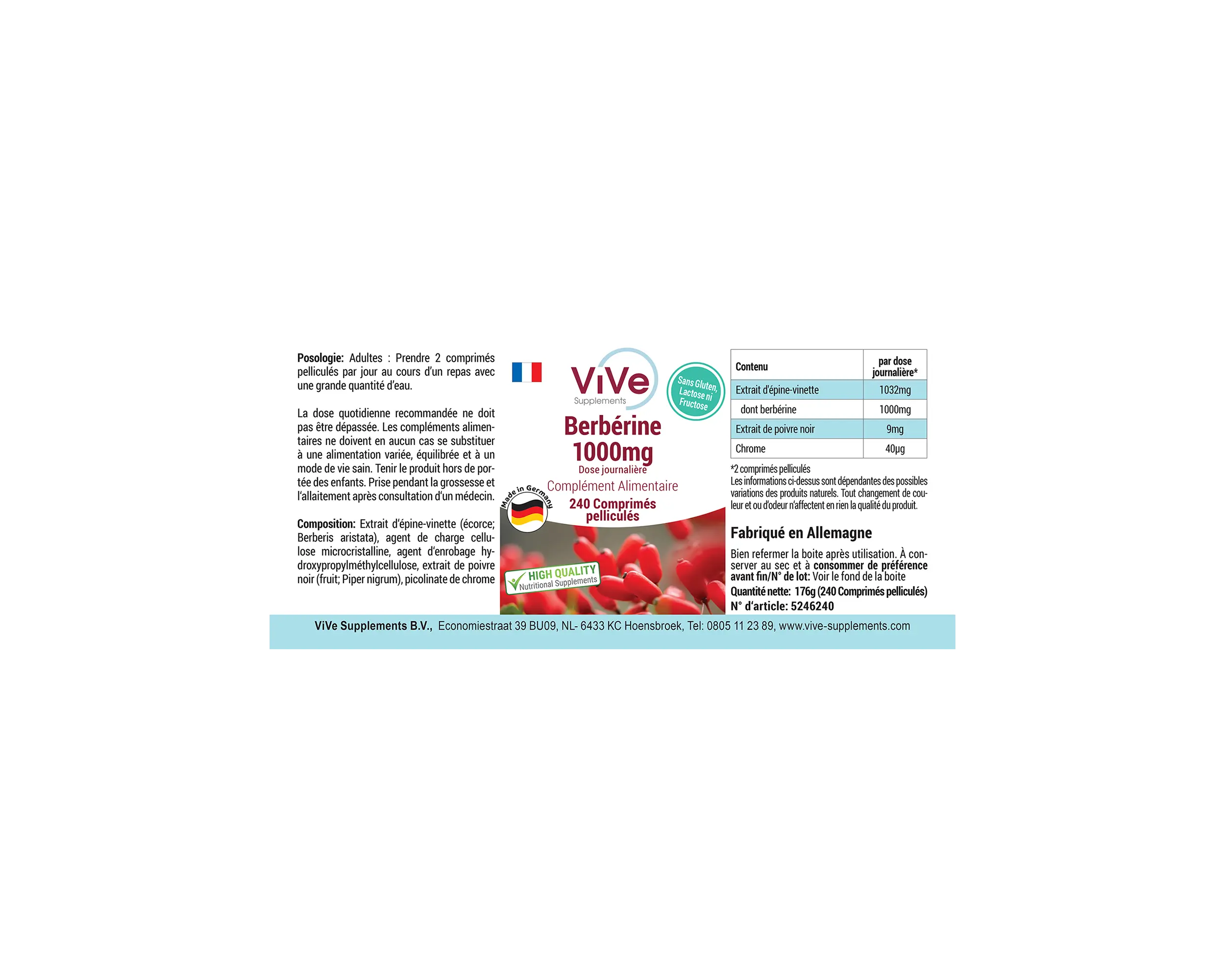 Berberin 1000mg - 240 Filmtabletten | Vive Supplements