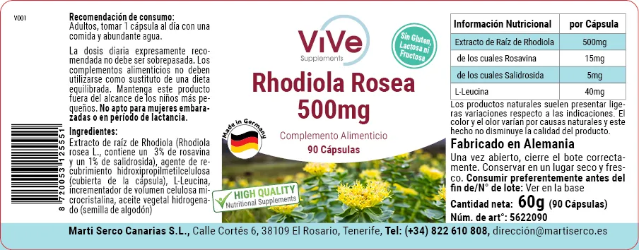 Rhodiola Rosea 500mg. 90 Cápsulas