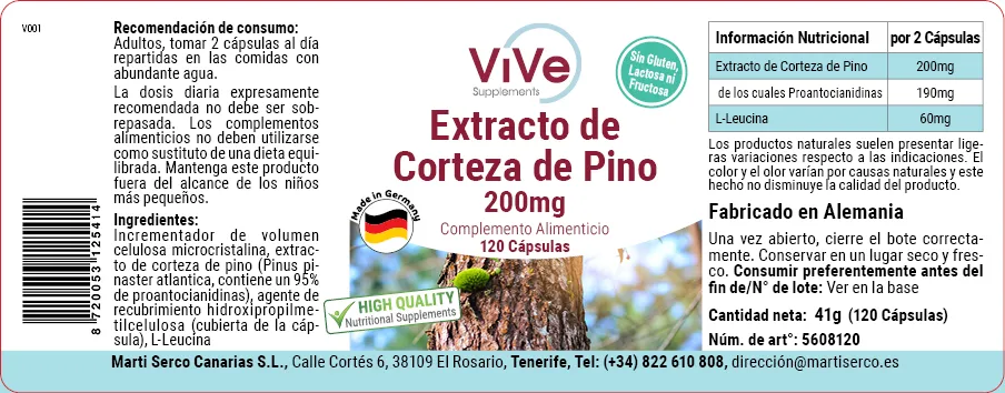 Extracto de Corteza de Pino 200mg. 120 cápsulas