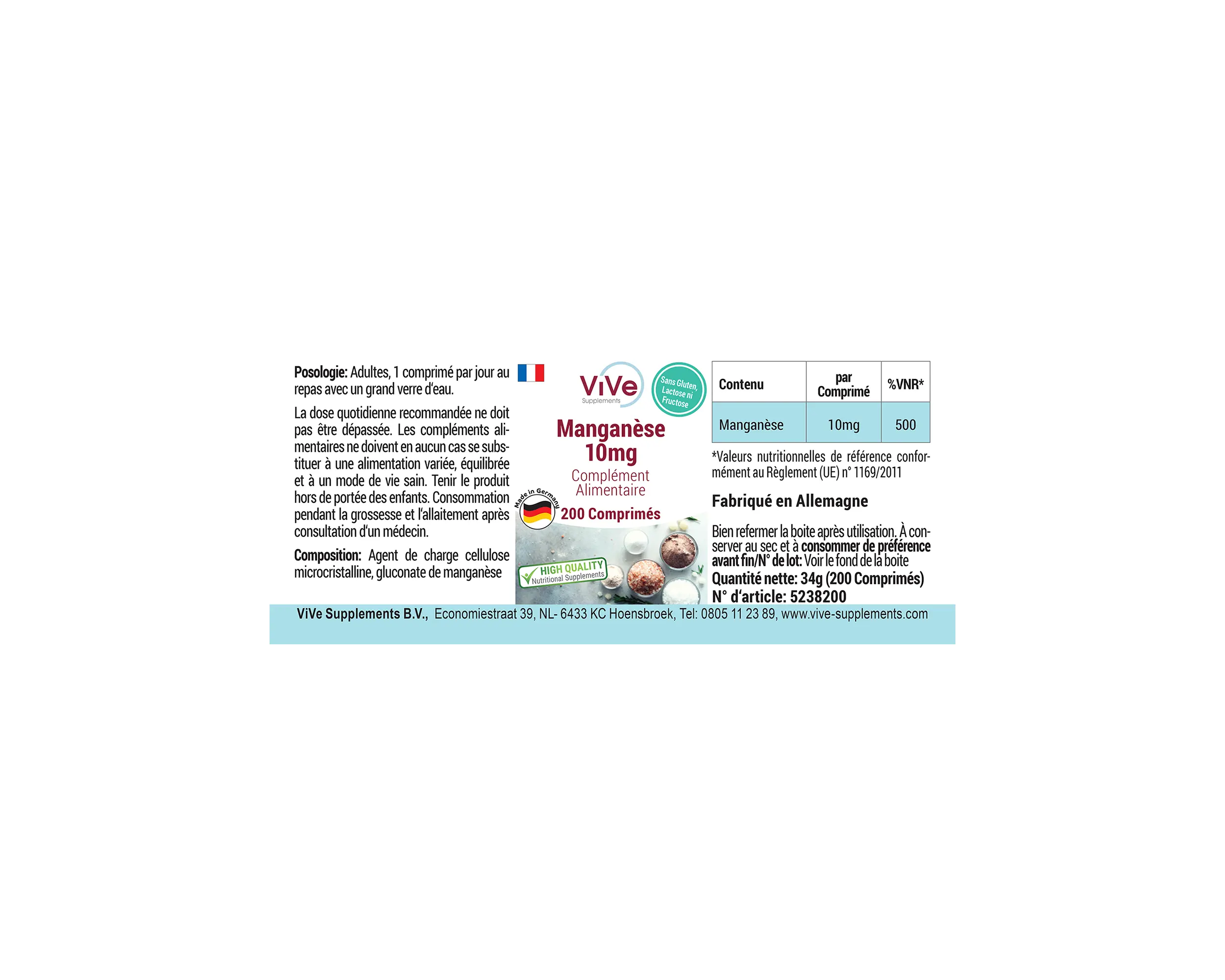 Mangan 10mg - 200 Tabletten | Vive Supplements