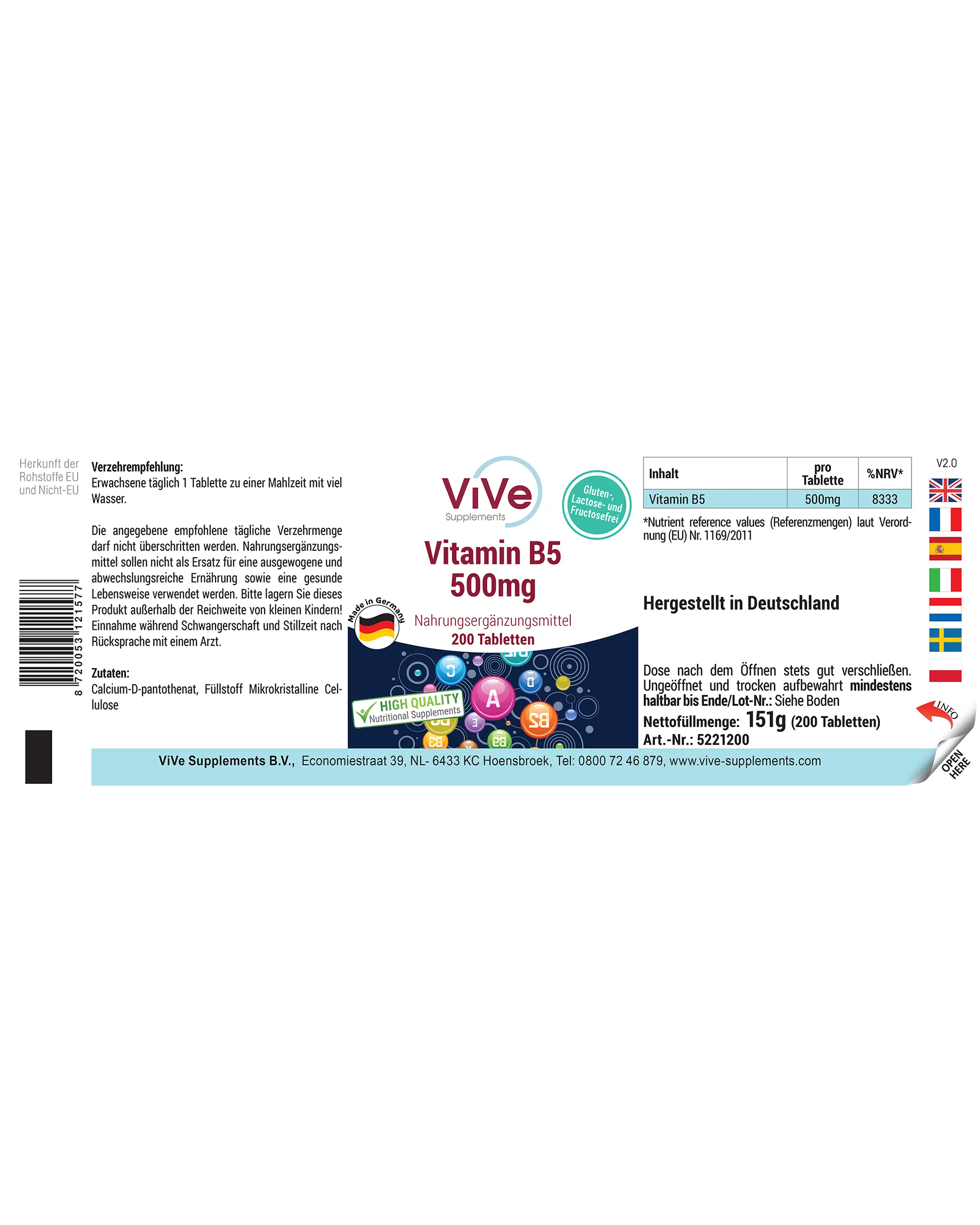 Vitamin B5 500mg - 200 Tabletten | Vive Supplements