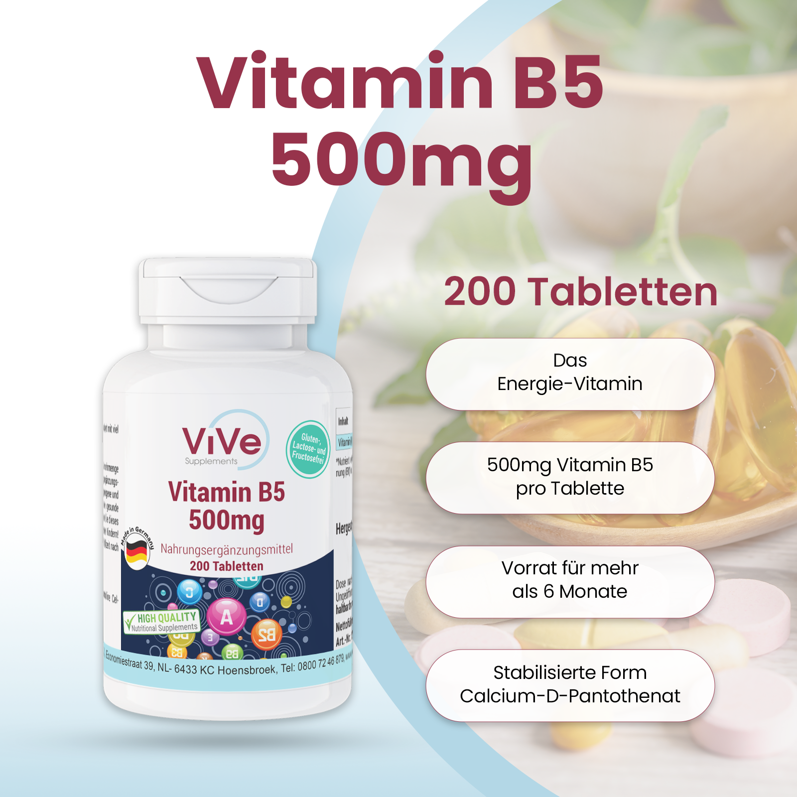 Vitamin B5 500mg - 200 Tabletten | Vive Supplements