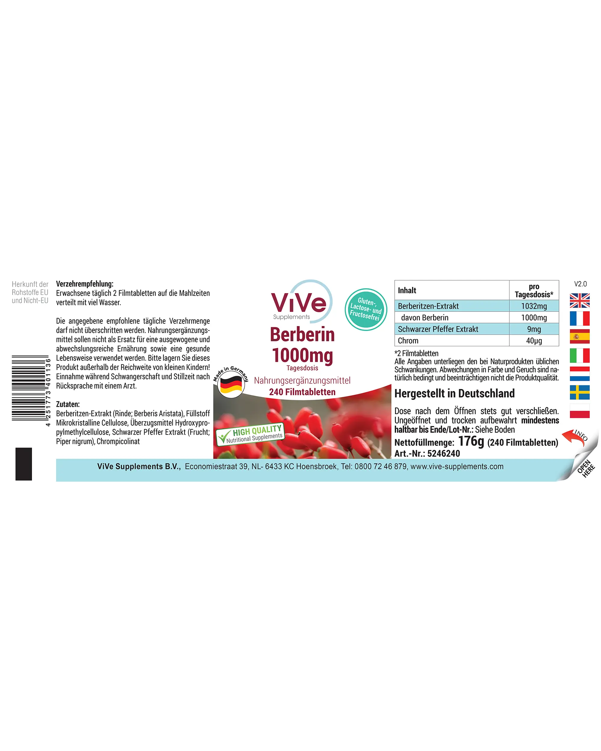 Berberin 1000mg - 240 Filmtabletten | Vive Supplements