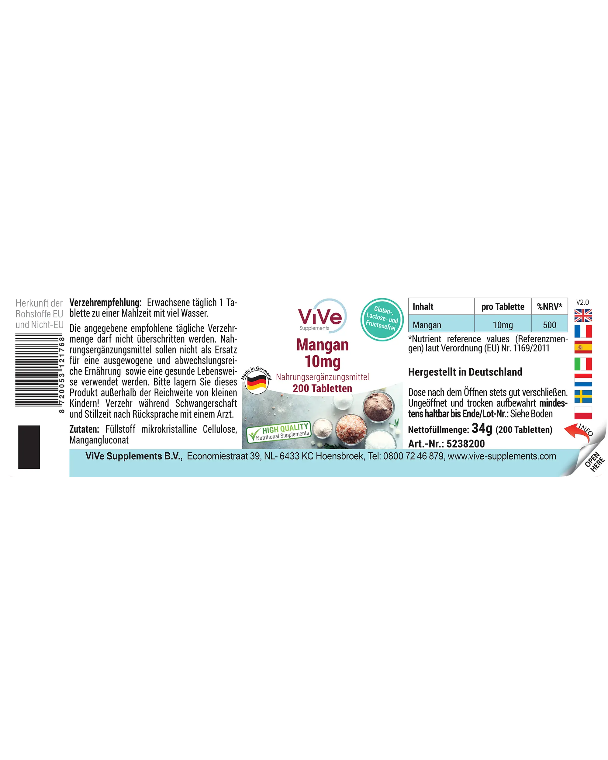 Mangan 10mg - 200 Tabletten | Vive Supplements
