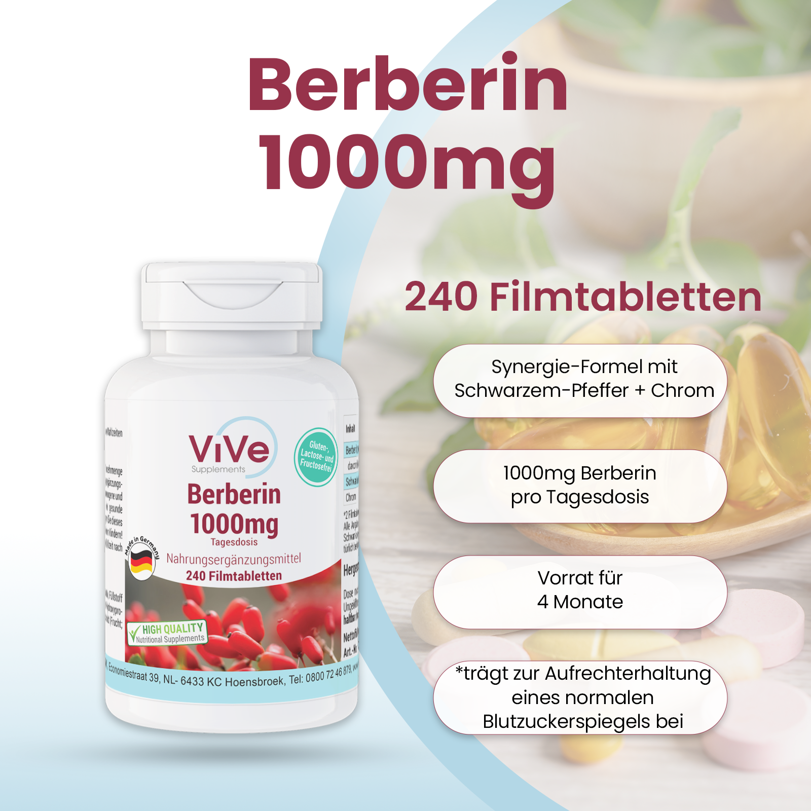 Berbérine 1000mg - 240 comprimés pelliculés | Vive Supplements