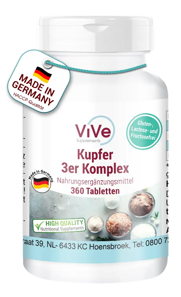 Kupfer 3er Komplex - 360 Tabletten - 200% Bedarfsabdeckung | Vive Supplements