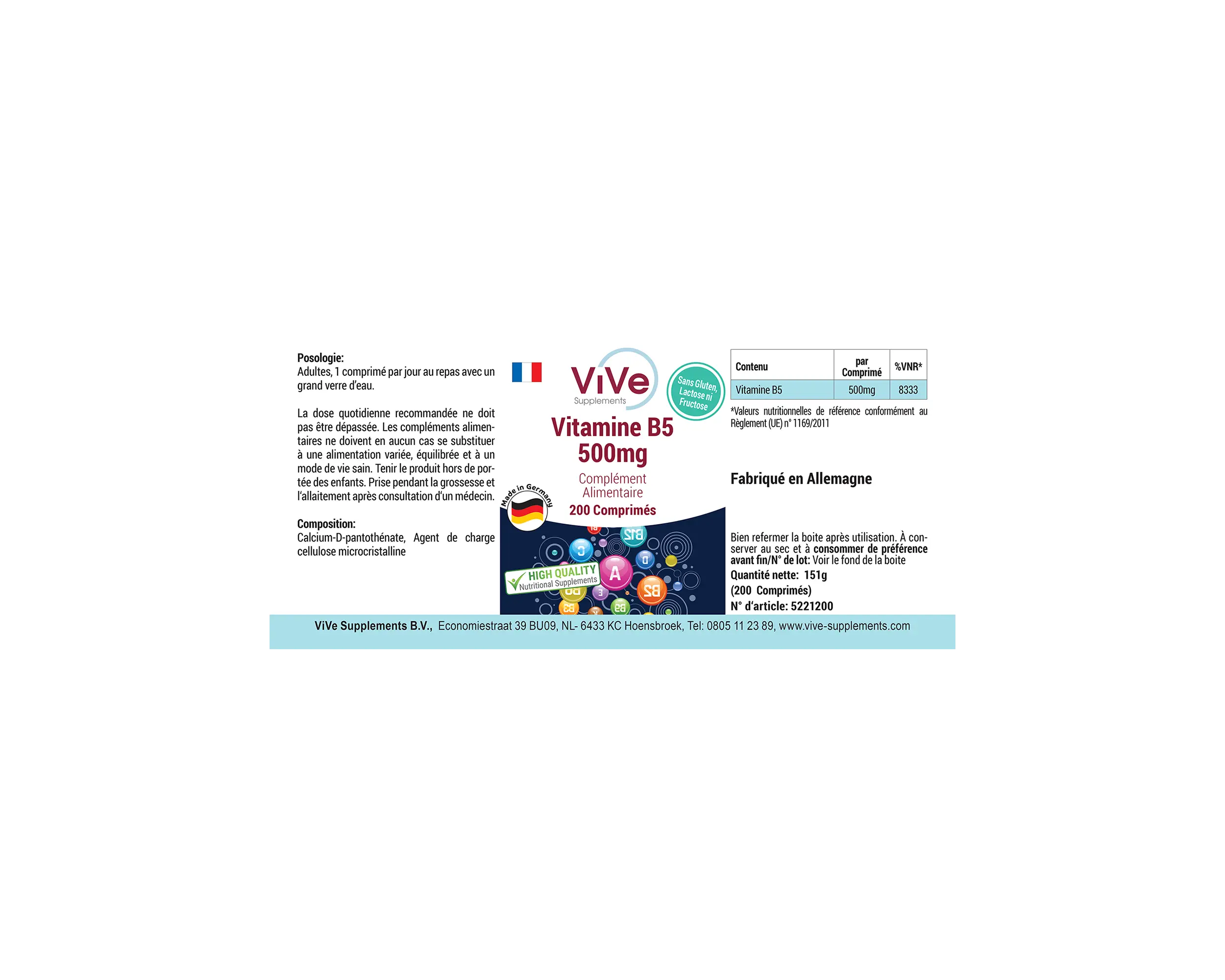 Vitamin B5 500mg - 200 Tabletten | Vive Supplements