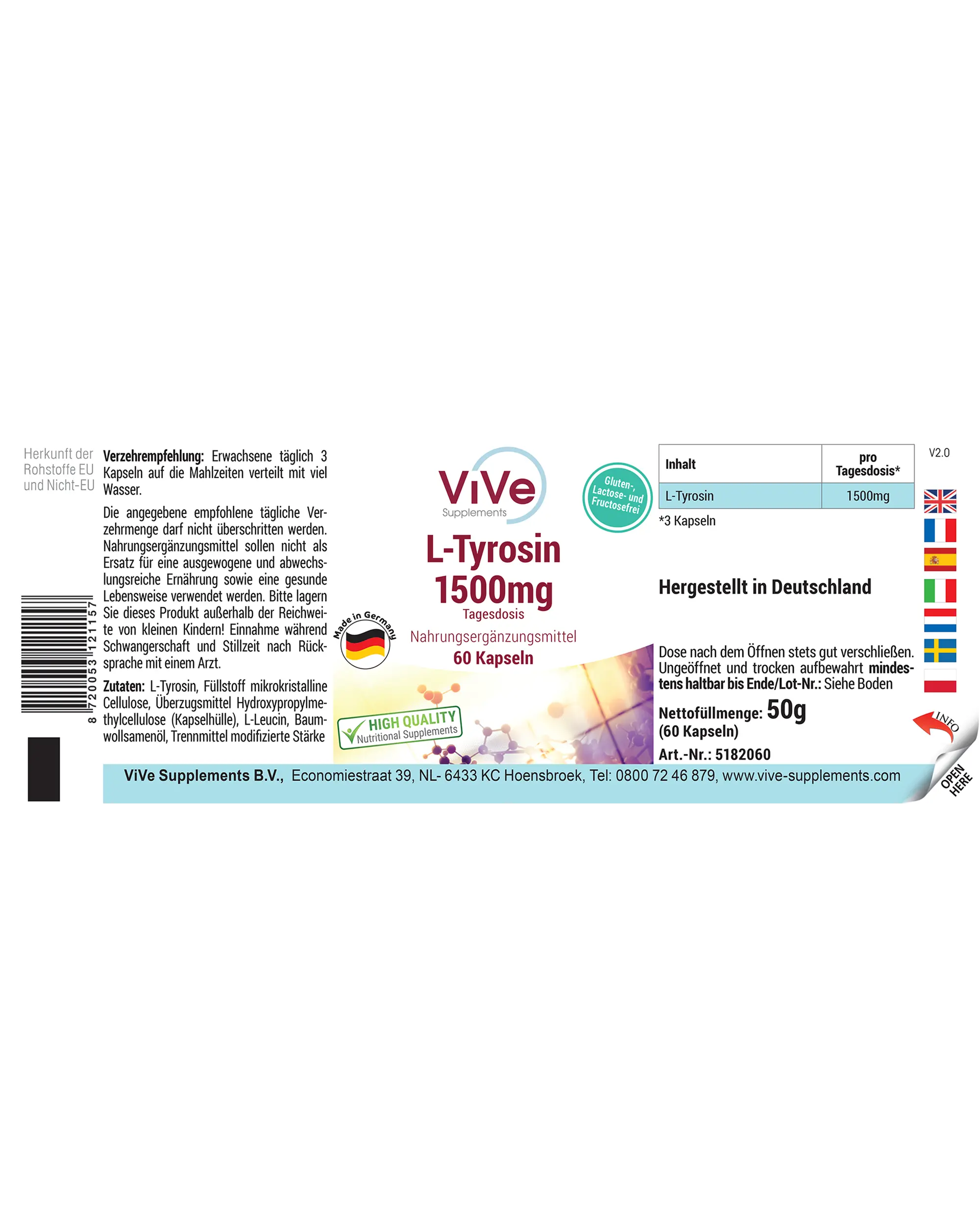 L-Tyrosin 1500mg - 60 Kapseln | Vive Supplements